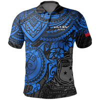 Custom request 22/01/25 - Unique Polo Shirt Blue Turtle Hibiscus LT9 White Logo - Polynesian Pride