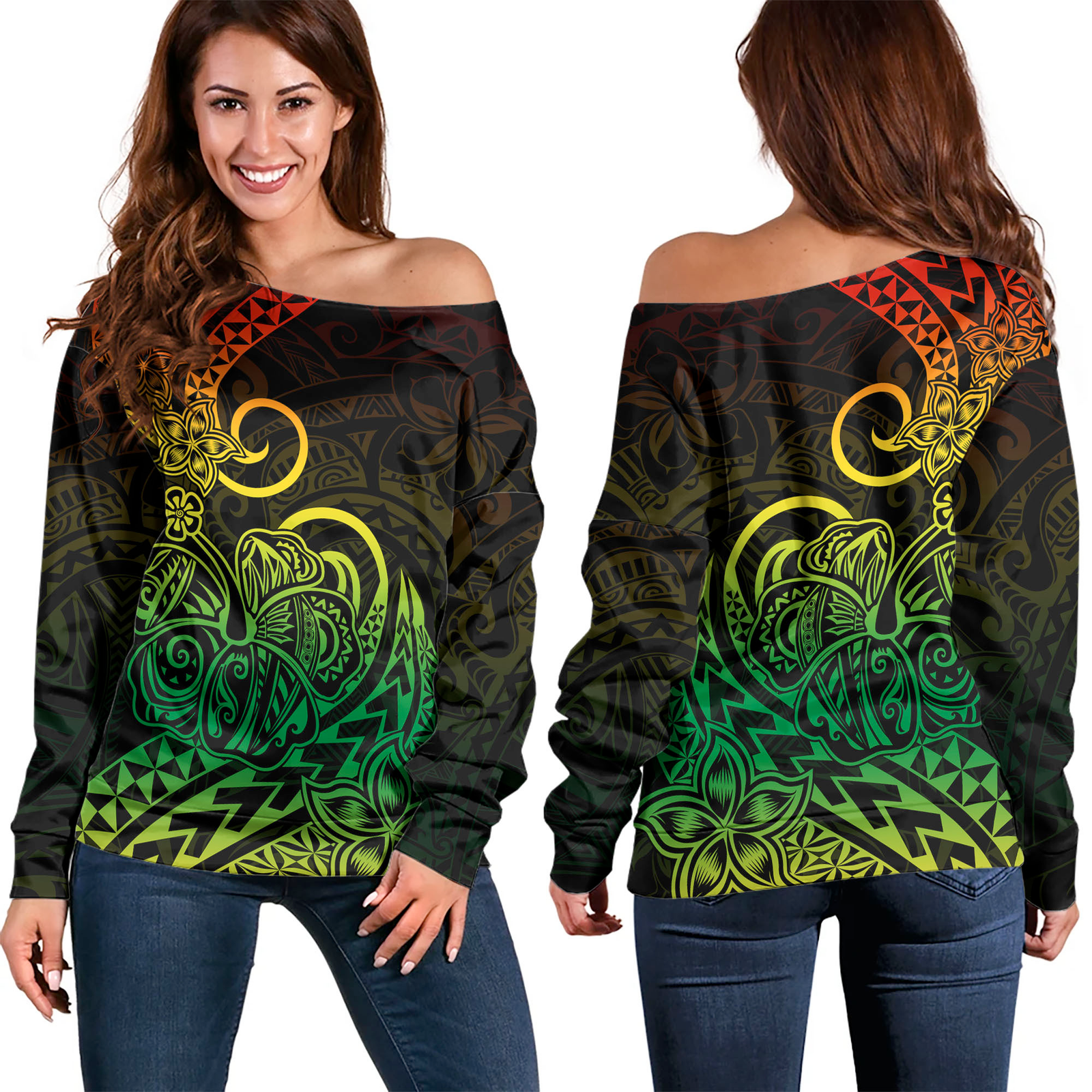 Polynesian Tribal Tattoo Off Shoulder Sweater Reggae LT9 - Polynesian Pride