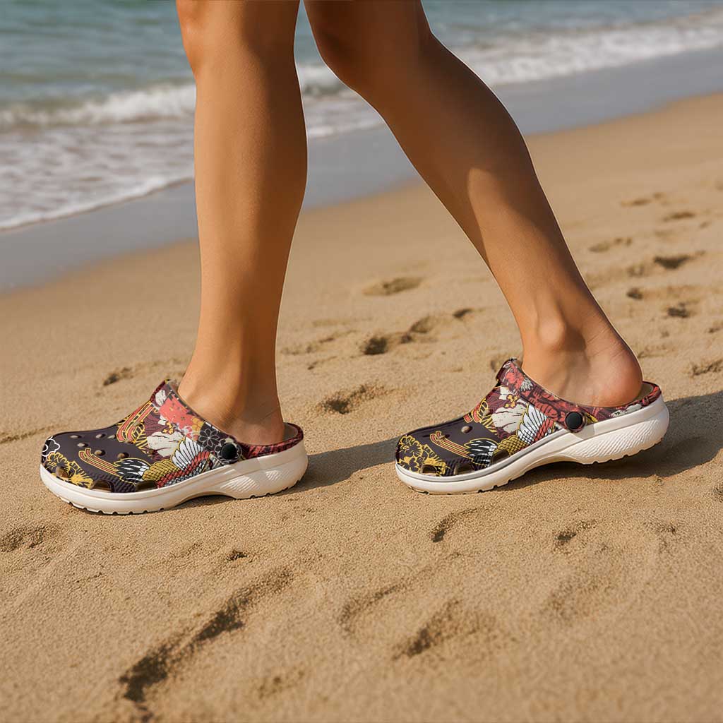 Japanese Hawaiian Crane Clogs Shoes Yellow Ochre Tapa Patchwork Pattern LT9 - Polynesian Pride
