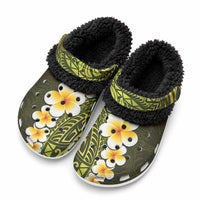Lime Green Tropical Plumeria With Galaxy Polynesian Art Fleece Clogs