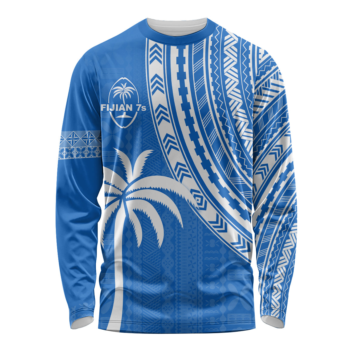 (Custom Text and Number) Fiji Rugby Sevens Long Sleeve Shirt Fijian 7s Tapa Polynesian Blue Ver.01 LT13