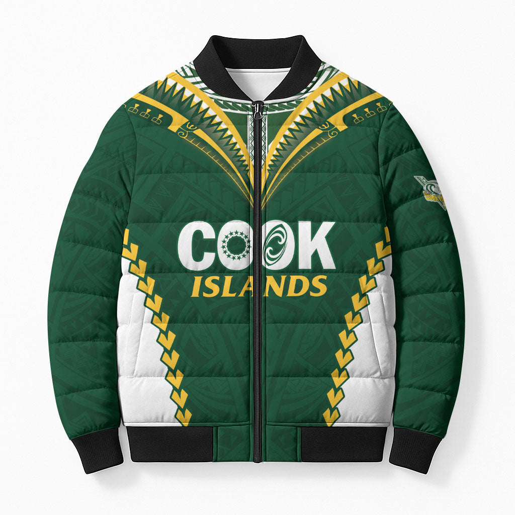 Custom Rugby League Cook Islands Bomber Puffer Jacket Tribal Pattern Green Version LT01 Unisex Green - Polynesian Pride