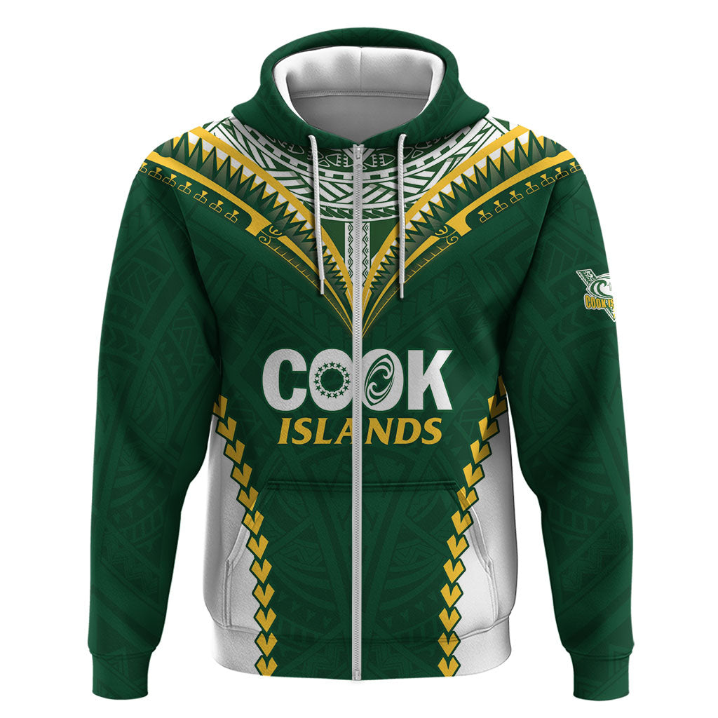 Custom Rugby League Cook Islands Hoodie Tribal Pattern Green Version LT01 Zip Hoodie Green - Polynesian Pride