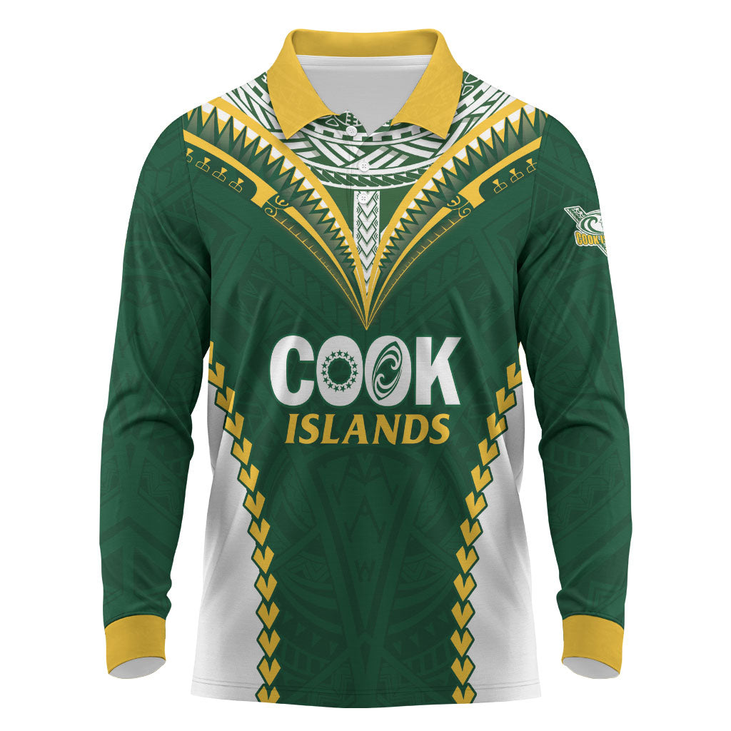 Custom Rugby League Cook Islands Long Sleeve Polo Shirt Tribal Pattern Green Version LT01 Green - Polynesian Pride