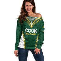 Custom Rugby League Cook Islands Off Shoulder Sweater Tribal Pattern Green Version