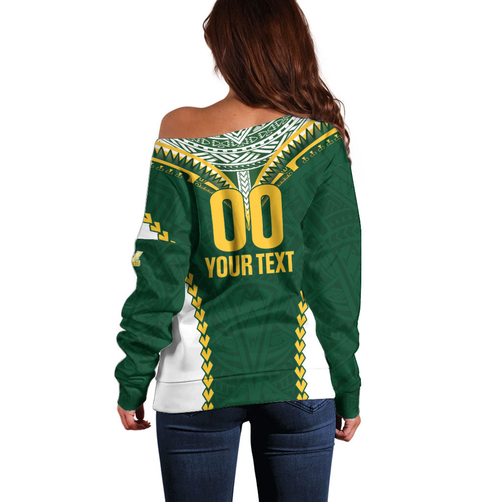 Custom Rugby League Cook Islands Off Shoulder Sweater Tribal Pattern Green Version
