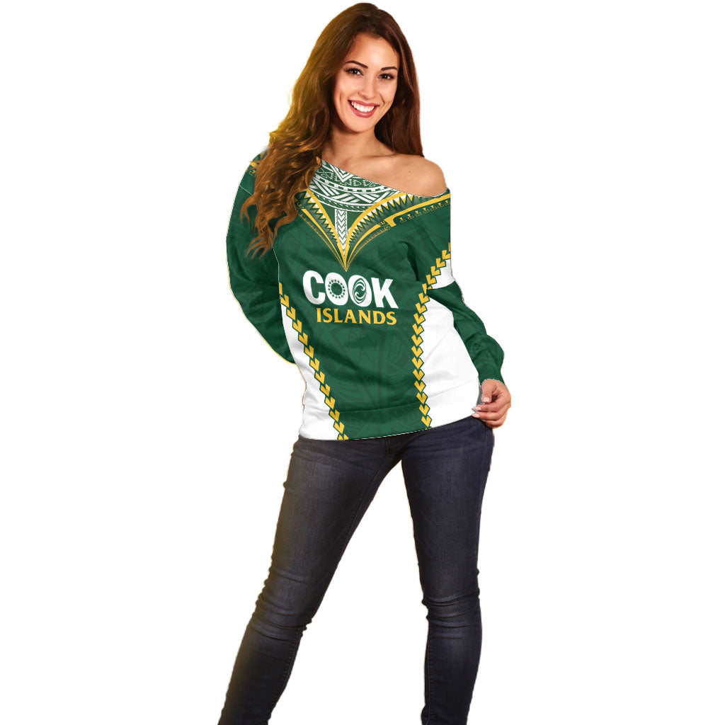 Custom Rugby League Cook Islands Off Shoulder Sweater Tribal Pattern Green Version
