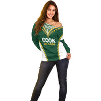 Custom Rugby League Cook Islands Off Shoulder Sweater Tribal Pattern Green Version