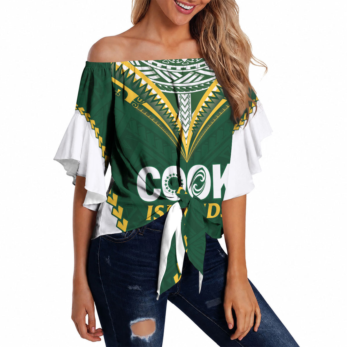 Custom Rugby League Cook Islands Off Shoulder Wrap Waist Top Tribal Pattern Green Version