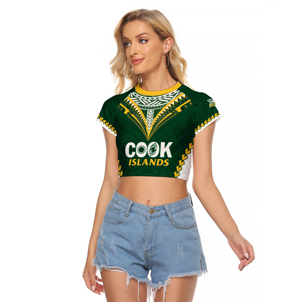 Custom Rugby League Cook Islands Raglan Cropped T Shirt Tribal Pattern Green Version