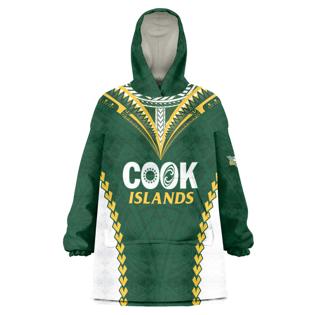 Custom Rugby League Cook Islands Wearable Blanket Hoodie Tribal Pattern Green Version LT01 One Size Green - Polynesian Pride