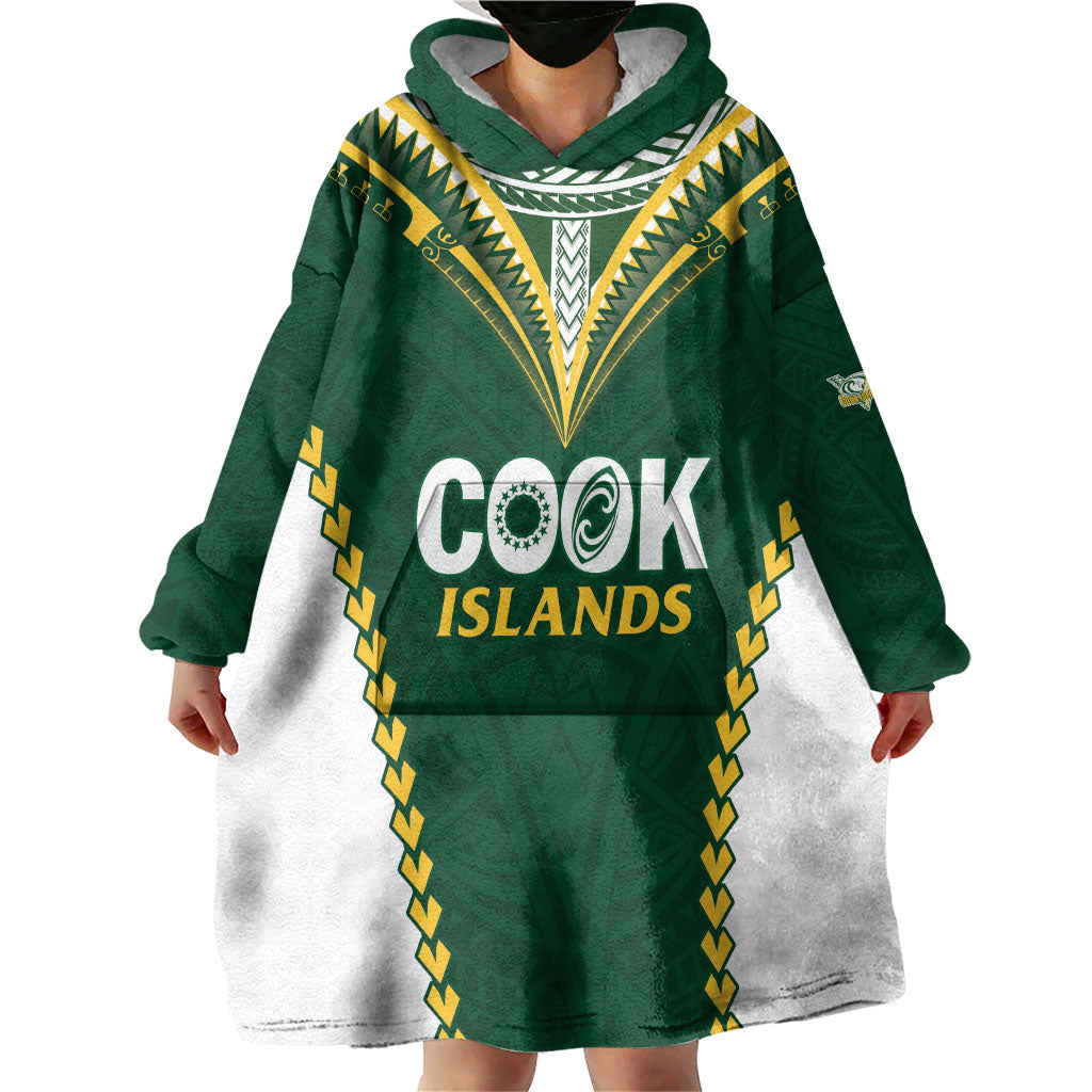 Custom Rugby League Cook Islands Wearable Blanket Hoodie Tribal Pattern Green Version LT01 - Polynesian Pride