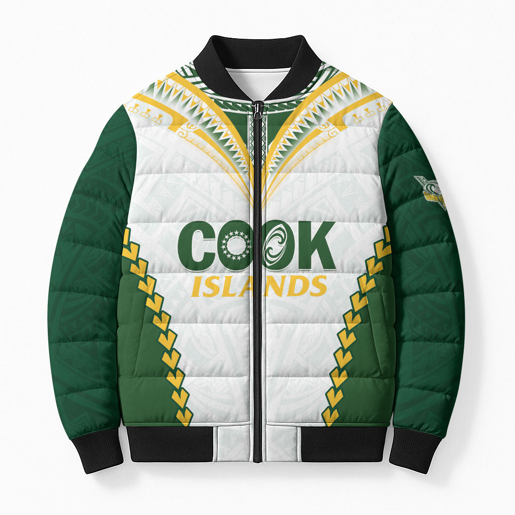 Custom Rugby League Cook Islands Bomber Puffer Jacket Tribal Pattern White Version
