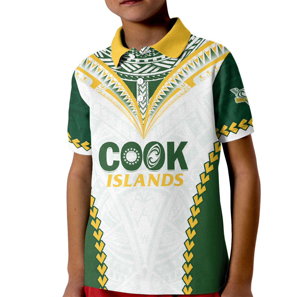 Custom Rugby League Cook Islands Kid Polo Shirt Tribal Pattern White Version