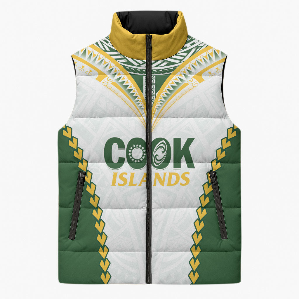 Custom Rugby League Cook Islands Sleeveless Puffer Jacket Tribal Pattern White Version