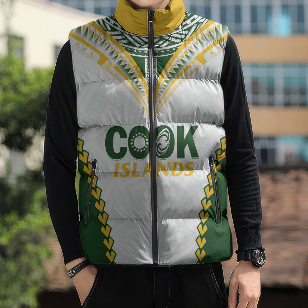 Custom Rugby League Cook Islands Sleeveless Puffer Jacket Tribal Pattern White Version