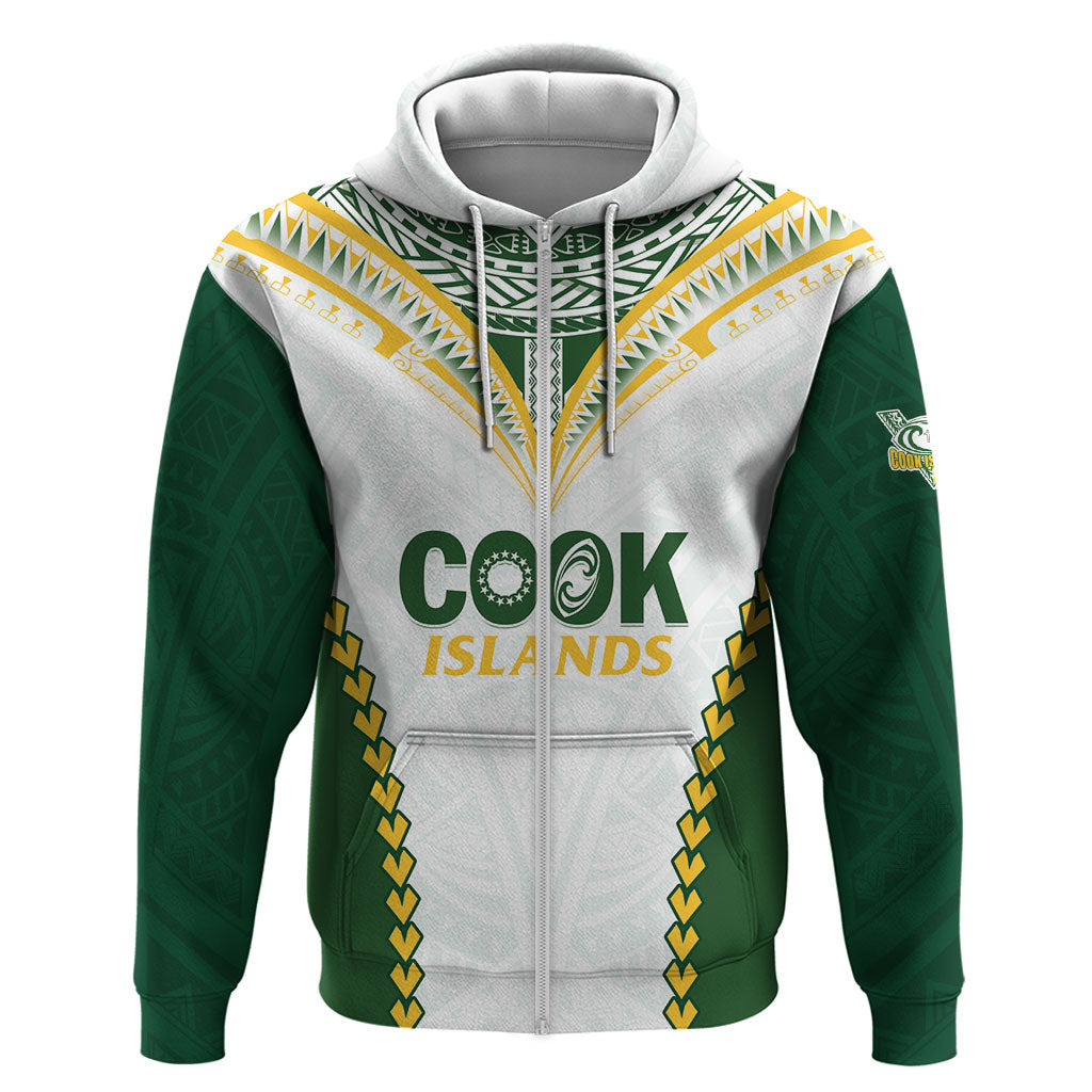 Custom Rugby League Cook Islands Zip Hoodie Tribal Pattern White Version