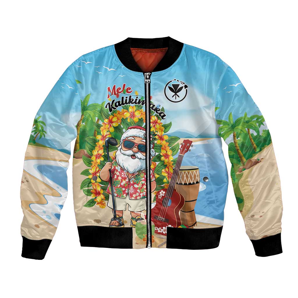 Personalized Hawaii Golf Christmas Bomber Jacket Mele Kalikimaka Funny Golfer Santa LT01 Unisex Blue - Polynesian Pride