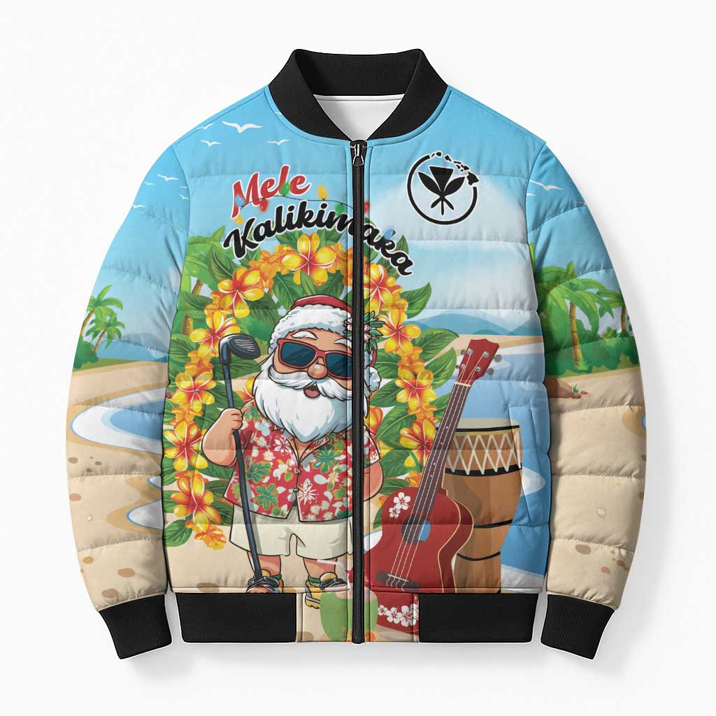 Personalized Hawaii Golf Christmas Bomber Puffer Jacket Mele Kalikimaka Funny Golfer Santa LT01 Unisex Blue - Polynesian Pride
