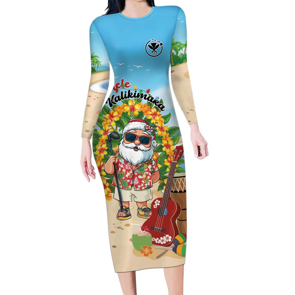 Personalized Hawaii Golf Christmas Long Sleeve Bodycon Dress Mele Kalikimaka Funny Golfer Santa LT01 Long Dress Blue - Polynesian Pride