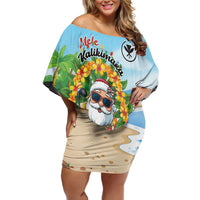 Personalized Hawaii Golf Christmas Off Shoulder Short Dress Mele Kalikimaka Funny Golfer Santa LT01 Women Blue - Polynesian Pride
