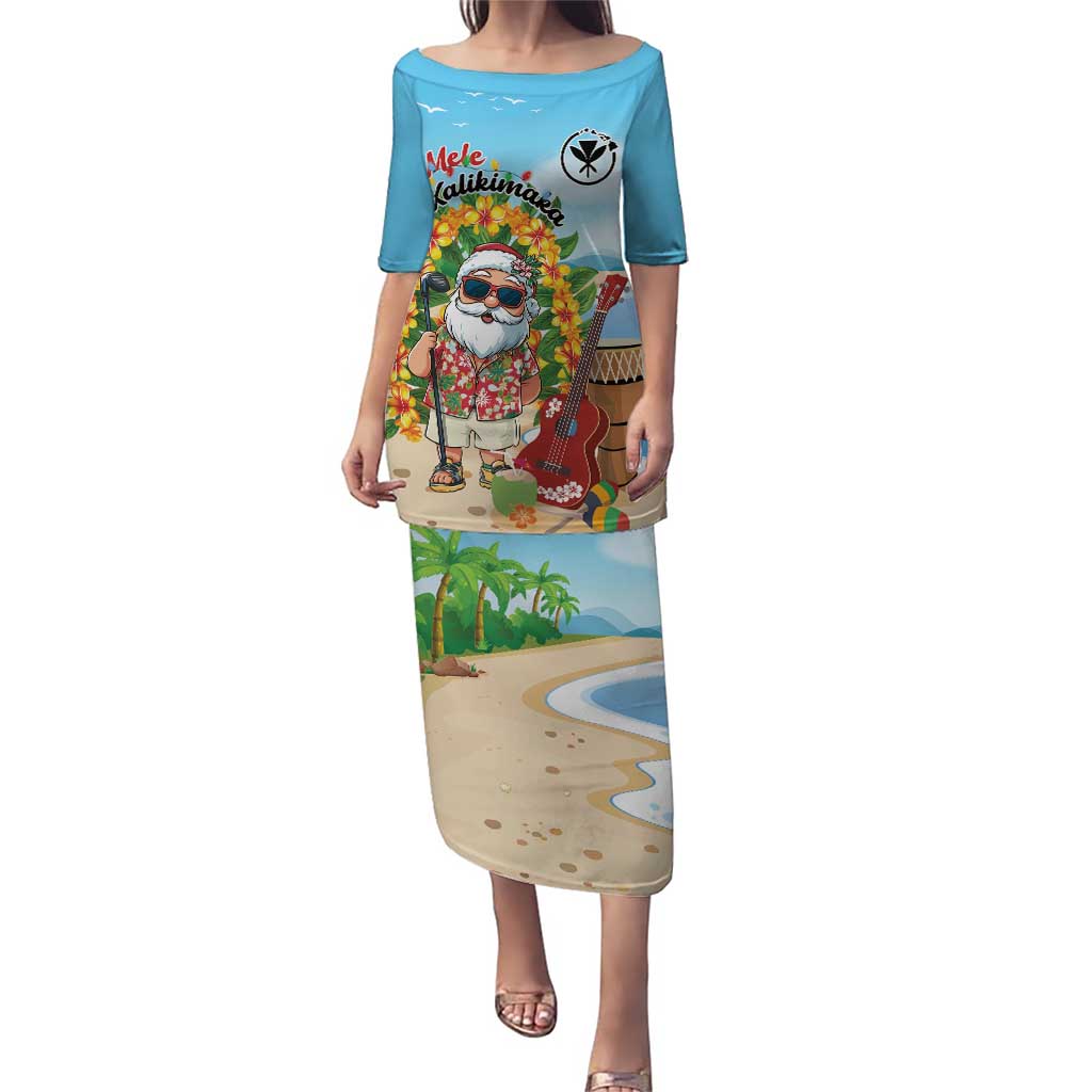 Personalized Hawaii Golf Christmas Puletasi Mele Kalikimaka Funny Golfer Santa LT01 Long Dress Blue - Polynesian Pride