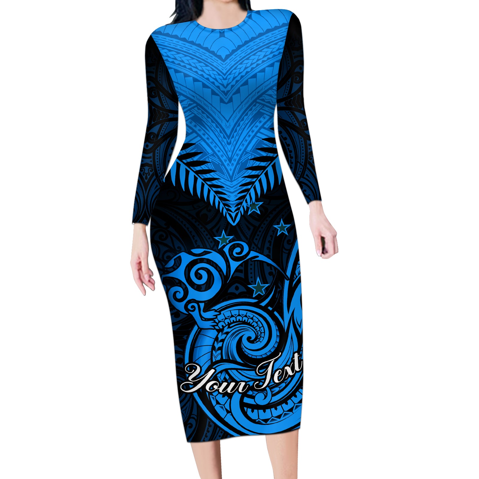 Personalised New Zealand Long Sleeve Bodycon Dress Aotearoa Blue Maori Kiwi Blue Fern LT01 Long Dress Blue - Polynesian Pride