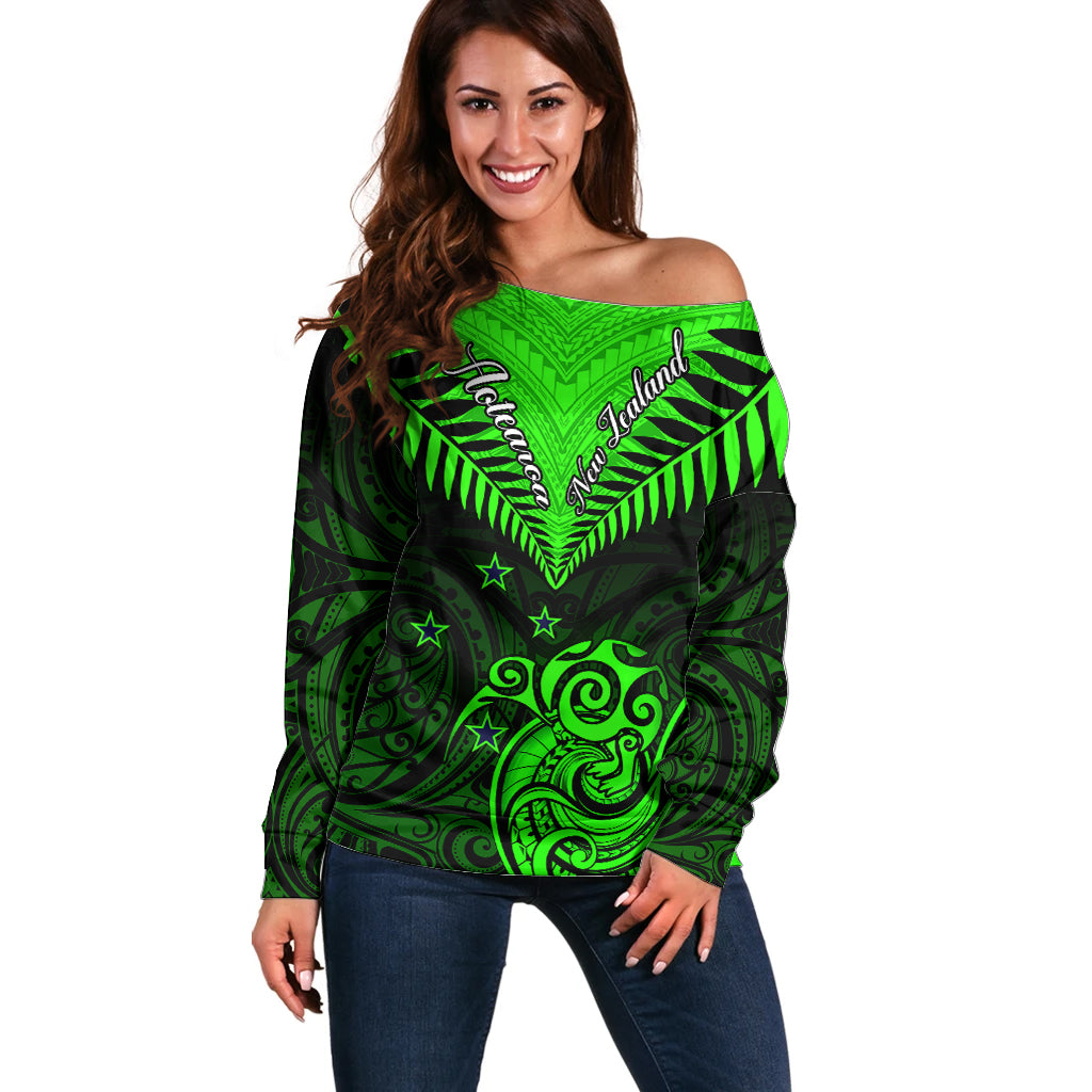 Personalised New Zealand Off Shoulder Sweater Aotearoa Maori Kiwi Green Fern LT01 Women Green - Polynesian Pride