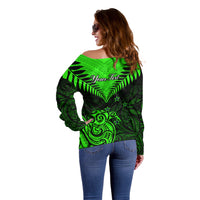 Personalised New Zealand Off Shoulder Sweater Aotearoa Maori Kiwi Green Fern LT01 - Polynesian Pride