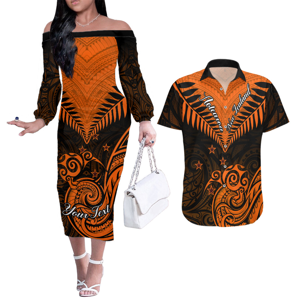 Personalised New Zealand Couples Matching Off The Shoulder Long Sleeve Dress and Hawaiian Shirt Aotearoa Maori Kiwi Orange Fern LT01 Orange - Polynesian Pride