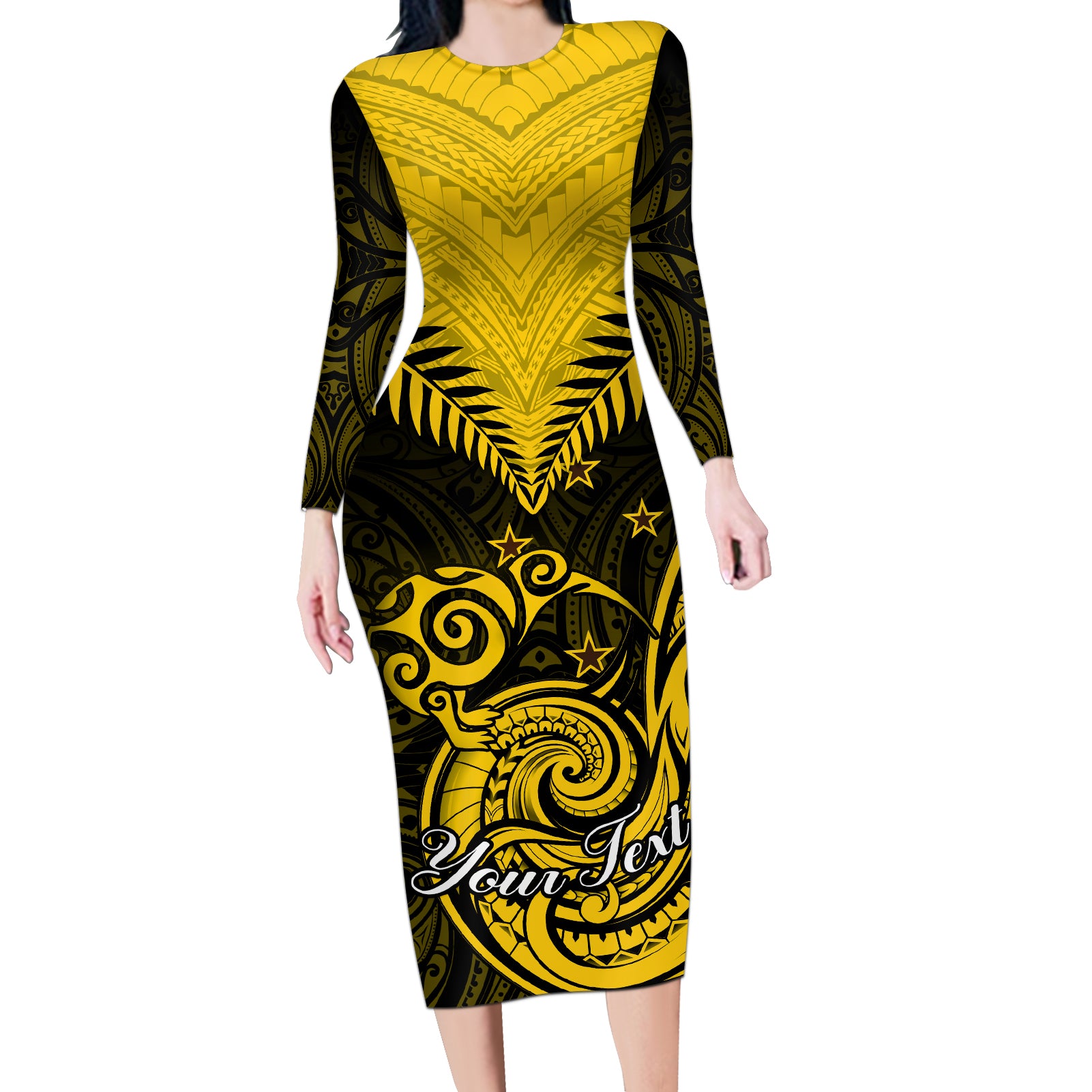 Personalised Aotearoa Long Sleeve Bodycon Dress Maori Kiwi Yellow Fern LT01 Long Dress Yellow - Polynesian Pride