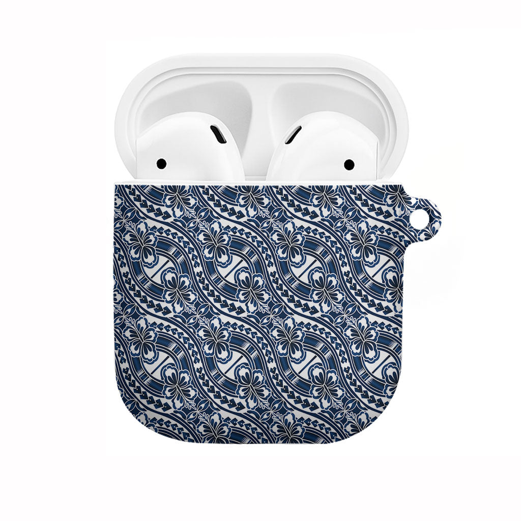 Hibiscus Bloom Island Tribal Waves AirPods Case Blue Polynesian Pattern