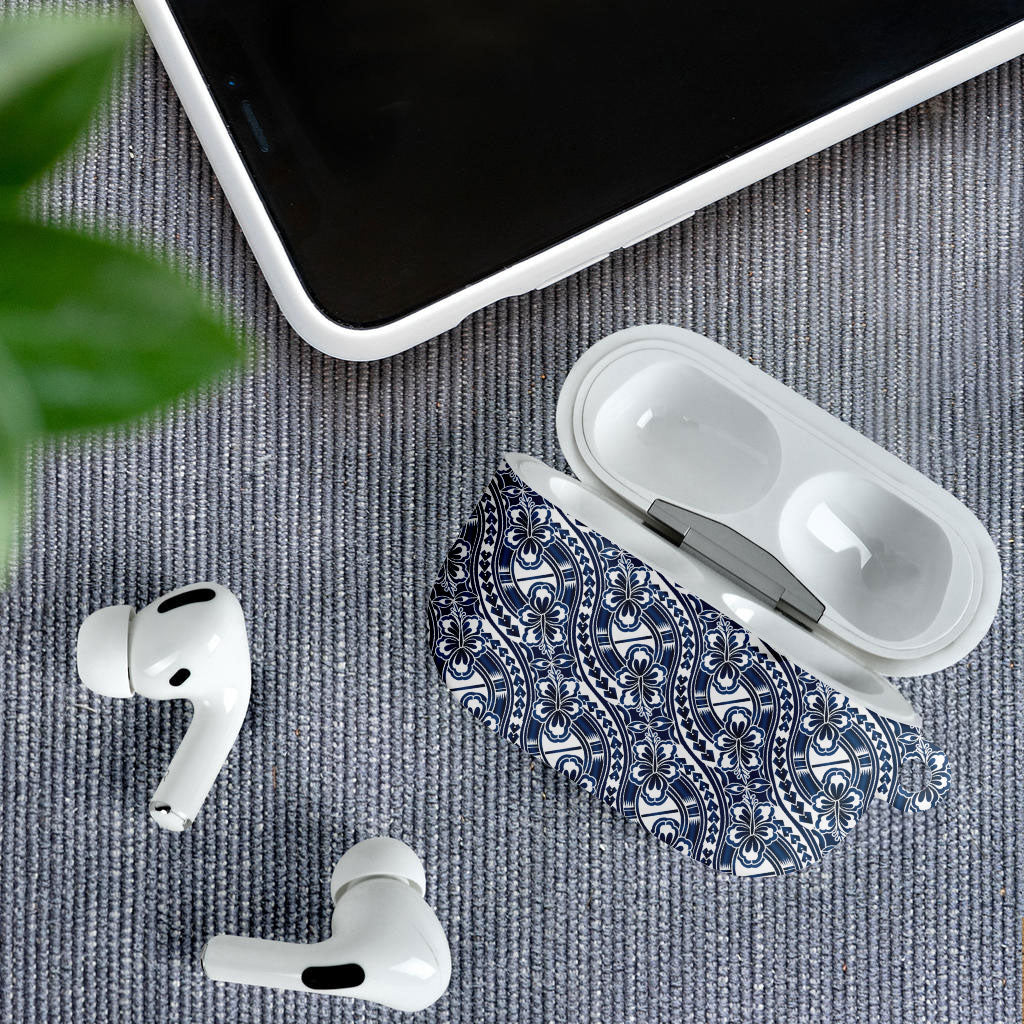 Hibiscus Bloom Island Tribal Waves AirPods Case Blue Polynesian Pattern