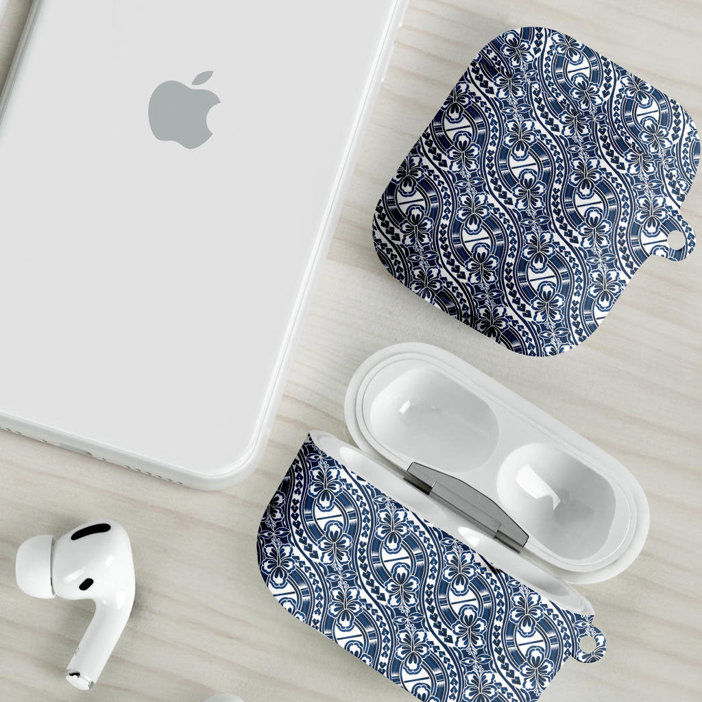 Hibiscus Bloom Island Tribal Waves AirPods Case Blue Polynesian Pattern