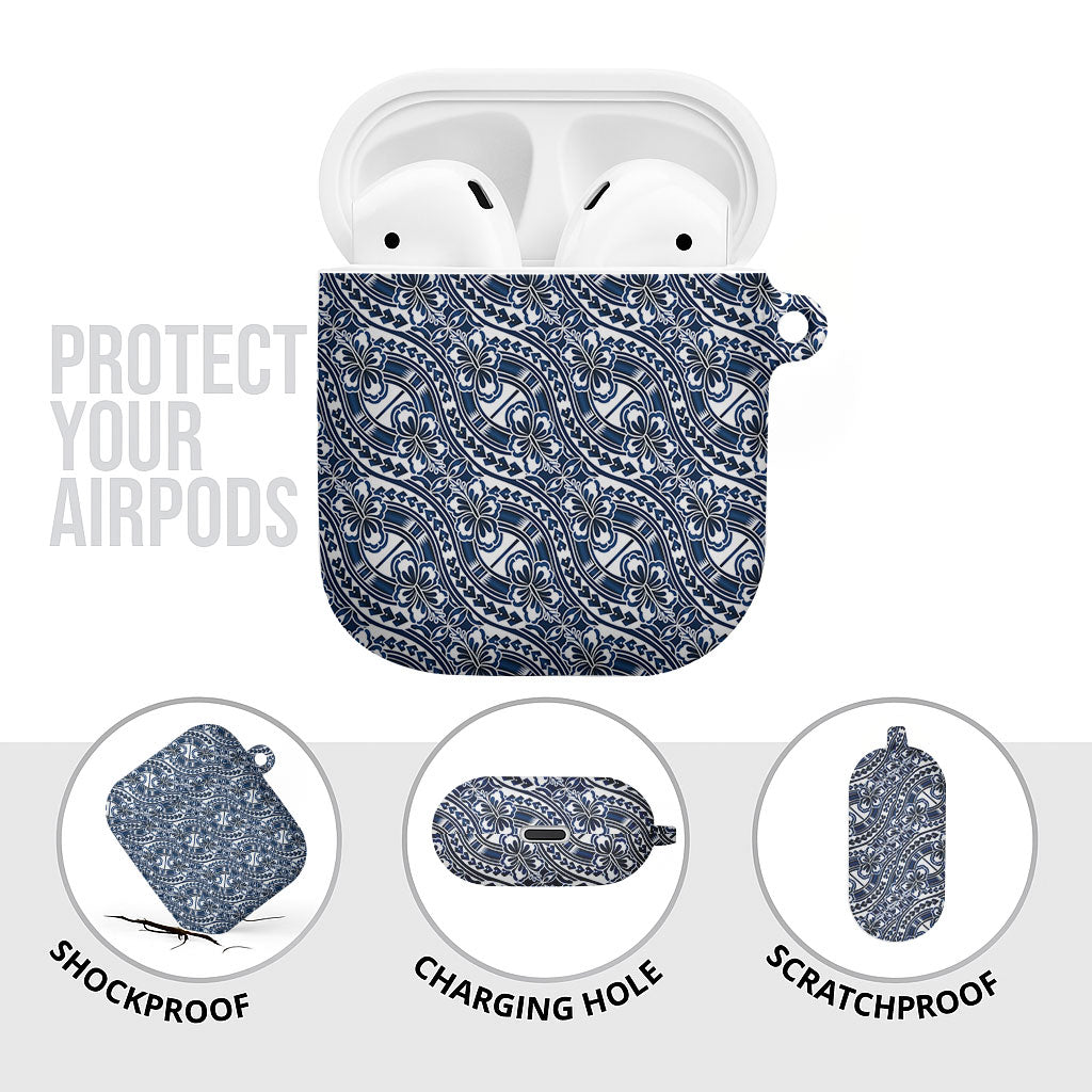 Hibiscus Bloom Island Tribal Waves AirPods Case Blue Polynesian Pattern