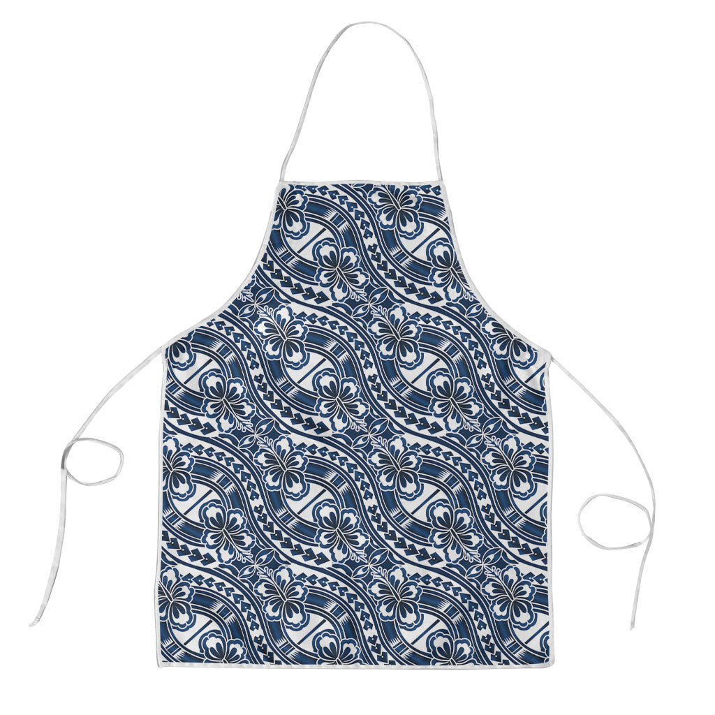 Hibiscus Bloom Island Tribal Waves Apron Blue Polynesian Pattern