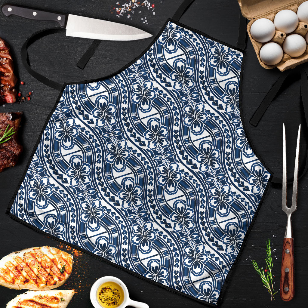 Hibiscus Bloom Island Tribal Waves Apron Blue Polynesian Pattern