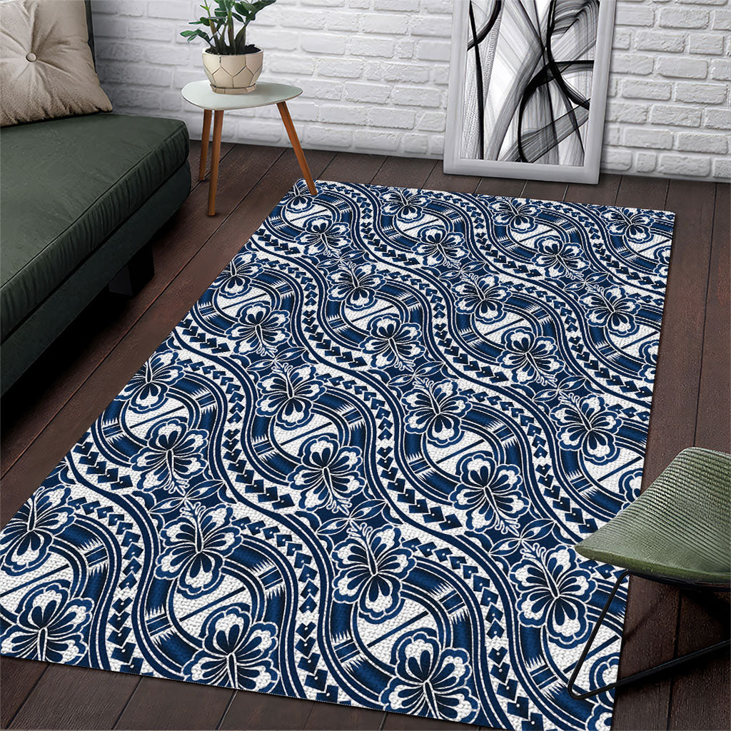 Hibiscus Bloom Island Tribal Waves Area Rug Blue Polynesian Pattern