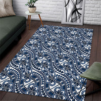 Hibiscus Bloom Island Tribal Waves Area Rug Blue Polynesian Pattern