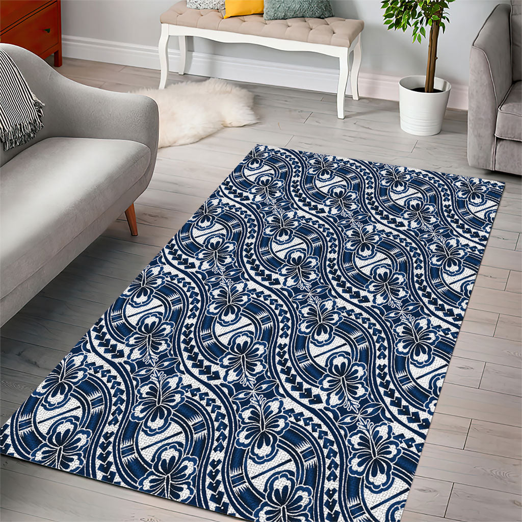 Hibiscus Bloom Island Tribal Waves Area Rug Blue Polynesian Pattern