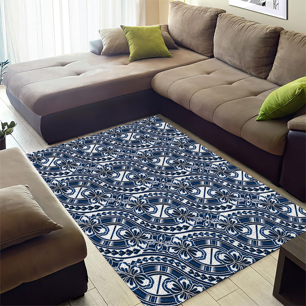 Hibiscus Bloom Island Tribal Waves Area Rug Blue Polynesian Pattern