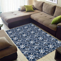 Hibiscus Bloom Island Tribal Waves Area Rug Blue Polynesian Pattern