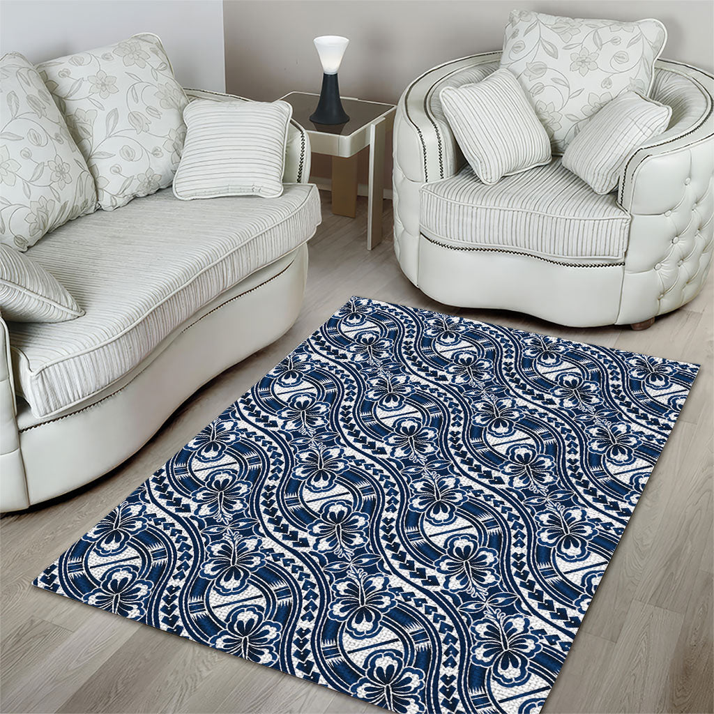 Hibiscus Bloom Island Tribal Waves Area Rug Blue Polynesian Pattern