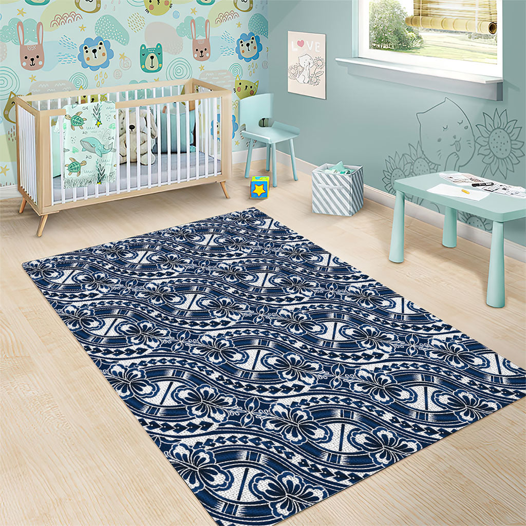 Hibiscus Bloom Island Tribal Waves Area Rug Blue Polynesian Pattern