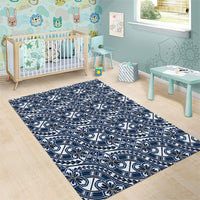 Hibiscus Bloom Island Tribal Waves Area Rug Blue Polynesian Pattern