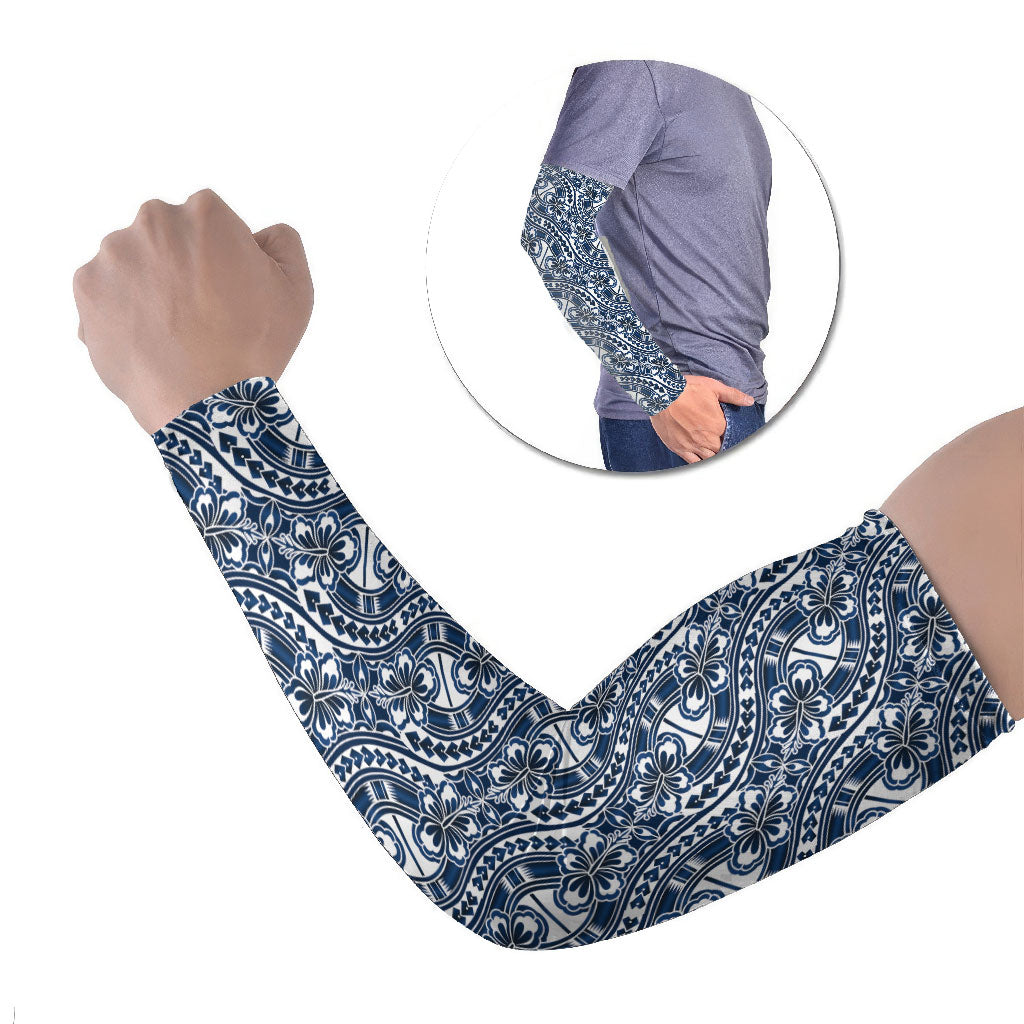 Hibiscus Bloom Island Tribal Waves Arm Sleeves Blue Polynesian Pattern