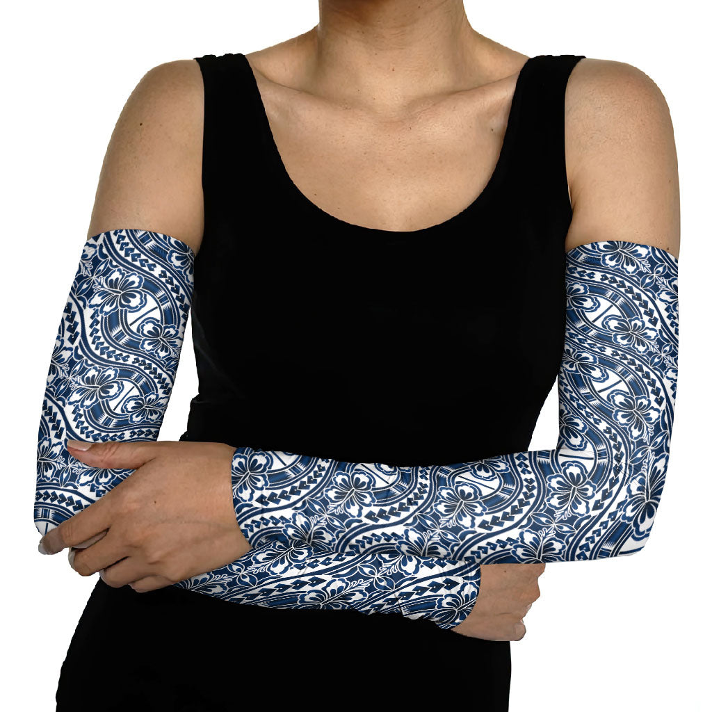 Hibiscus Bloom Island Tribal Waves Arm Sleeves Blue Polynesian Pattern