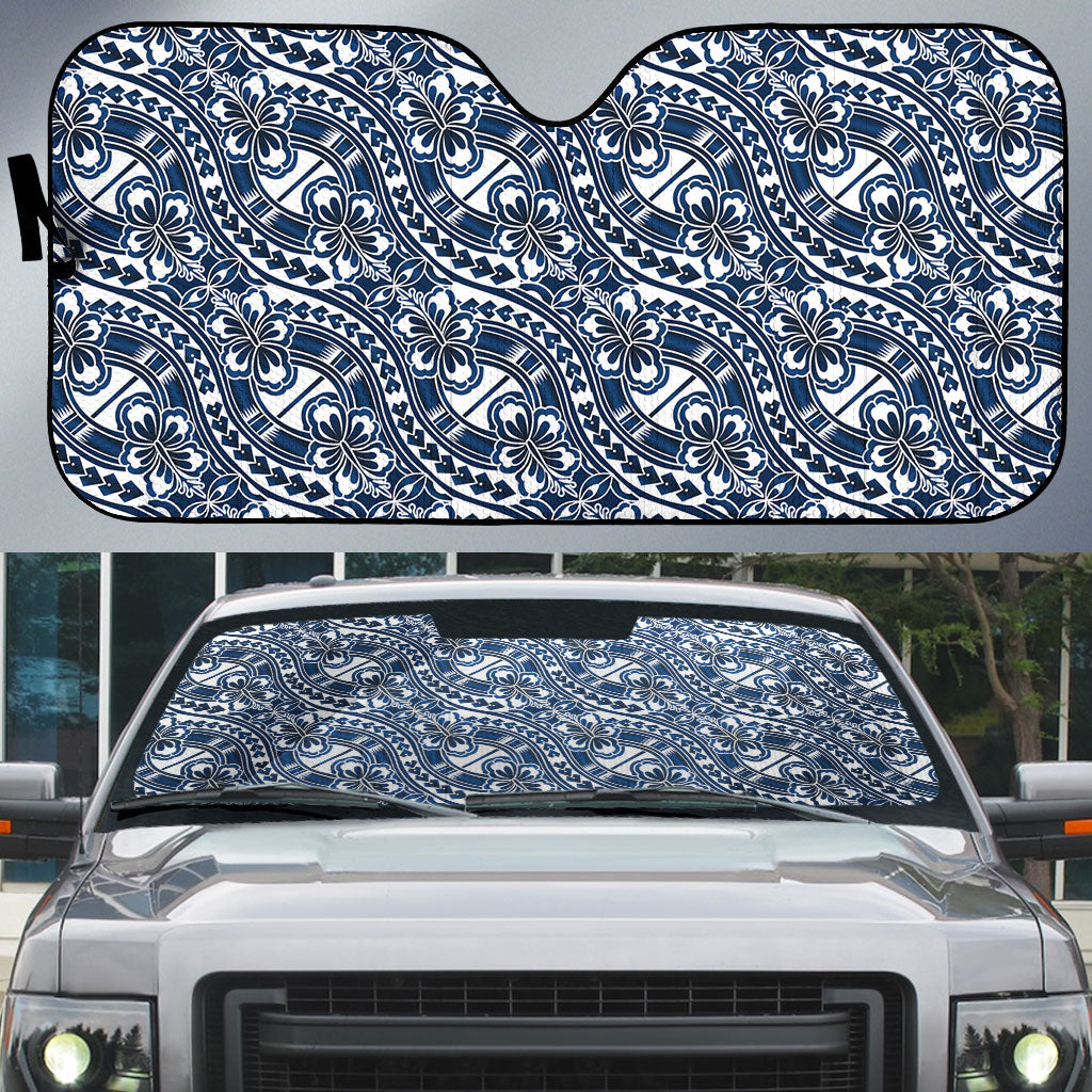 Hibiscus Bloom Island Tribal Waves Auto Sun Shade Blue Polynesian Pattern
