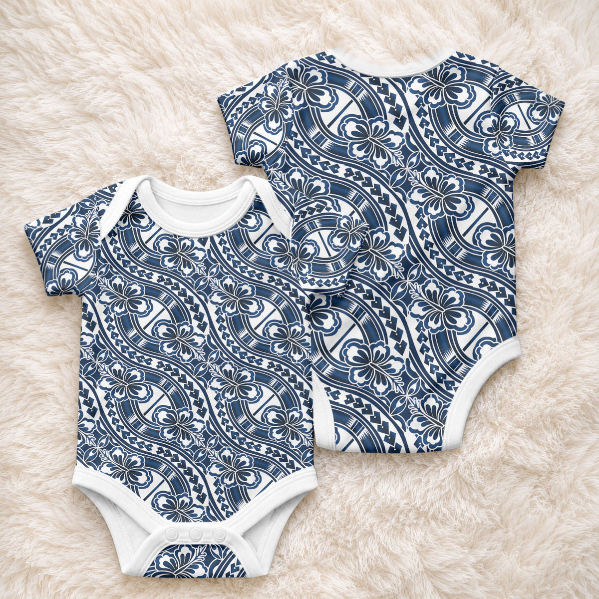 Hibiscus Bloom Island Tribal Waves Baby Onesie Blue Polynesian Pattern LT01 - Polynesian Pride