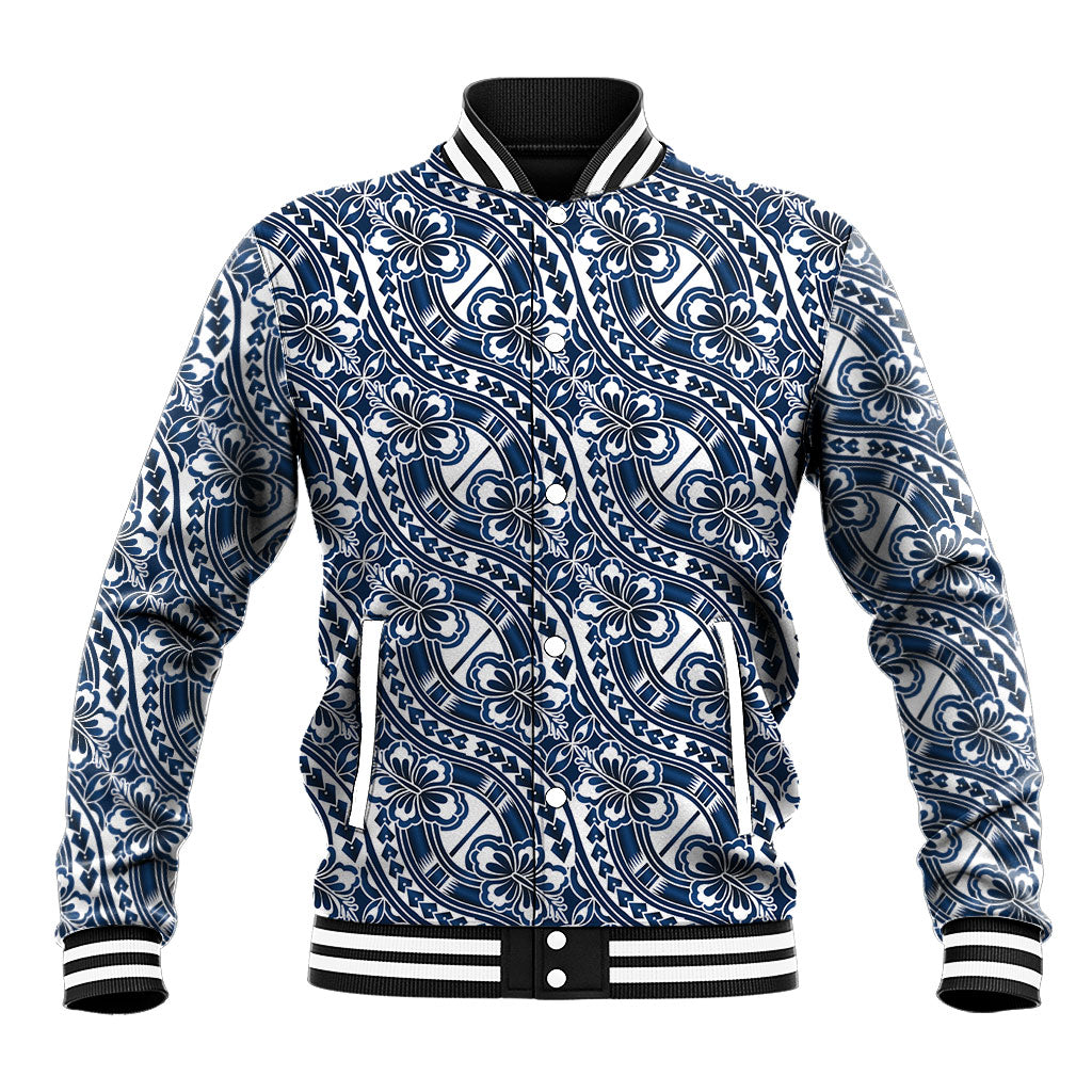 Hibiscus Bloom Island Tribal Waves Baseball Jacket Blue Polynesian Pattern